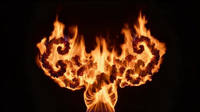 Fiery flames engulf a mysterious entity in a dark, abstract environment from a frontal viewpoint, depicting an intense scene in a video.