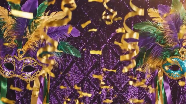 Mardi gras masks with feathers and confetti in purple and gold