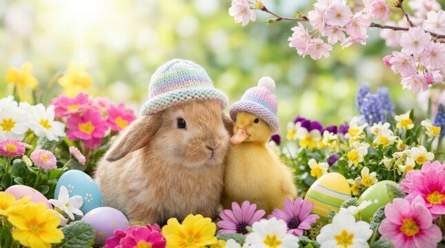 Cute bunny and duckling celebrate easter together in a colorful flower garden vibrant spring scene with decorative eggs and joyful atmosphere for family fun and festivities
