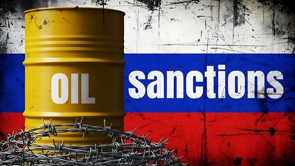 Russian oil sanctions concept with barrel and barbed wire against flag