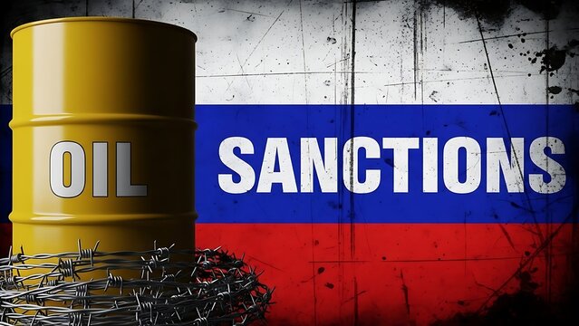 Russian oil sanctions concept with barrel and barbed wire against flag