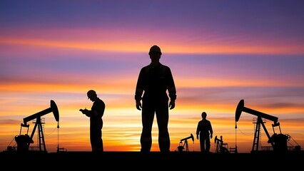Oil rig workers silhouetted against a vibrant sunset sky at an oil field