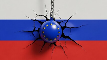 European Union wrecking ball cracks Russian flag symbolizing geopolitical conflict and tension