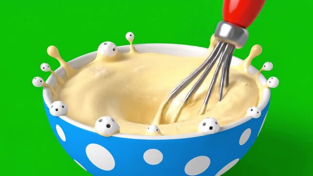 3D animation of a small whisk mixing a creamy batter inside a bowl, isolated on a green screen background for recipe videos, cooking educational content, or food-themed storytelling.