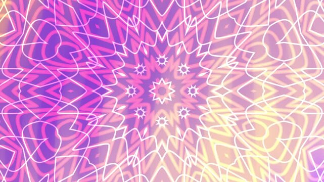 Kaleidoscopic pattern features pink, purple, and white geometric designs. Ideal for backgrounds, textiles, digital art, and packaging.