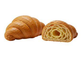 Two golden-brown croissants, one whole, one sliced, revealing an airy, honeycombed interior on a pristine transparent background with copy space, perfect for premium bakery product advertising