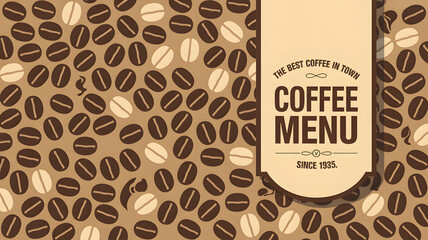 A vintage style coffee menu design with scattered coffee beans creating a warm background