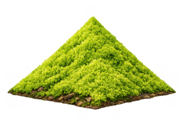 Green moss forming a unique pyramid-shaped hill floating in space. A concept of miniature gardens and natural growth