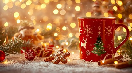 Red mug with Christmas motifs like snowflakes and a tree, surrounded by festive decorations, gingerbread cookies, fir branches, and cinnamon sticks.