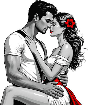 Create a realistic sexy romance young couple in love vector art with white background.