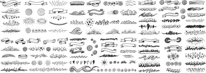 Variety of hand-drawn decorative elements in black and white, showcasing ribbons, waves, and patterns.