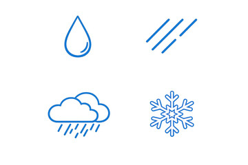 Weather forecast icons illustrating precipitation types: rain drop, cloud with falling rain, downpour, and snowflake symbol