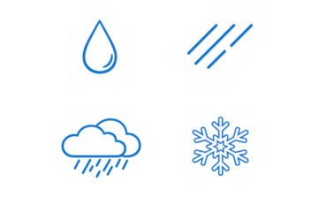 Weather forecast icons illustrating precipitation types: rain drop, cloud with falling rain, downpour, and snowflake symbol