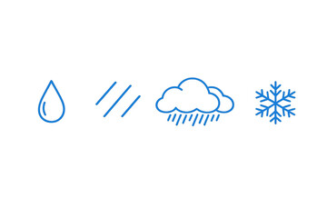 Weather forecast blue line art icons of rain drop, cloud, snow, and wind for meteorological conditions on transparent background