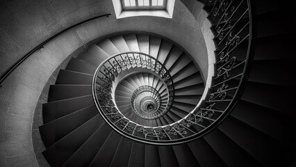 Black and White Architectural View of a Classic Stone Spiral Staircase with Ornate Iron Railings