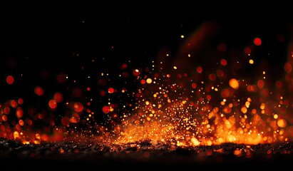 Glowing embers & sparks rise from dark surface against a black background