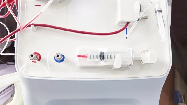 A syringe on a hemodialysis machine as part of a syringe pump that injects heparin (an anticoagulant) during dialysis to prevent blood clotting in the extracorporeal circuit (outside the body).
