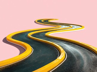 Winding asphalt road with yellow curbs on a pink background, perspective view