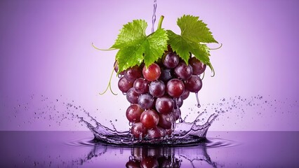 Fresh Red Grapes Splash, juicy grape cluster with green leaves, water splash effect, purple background, organic fruit freshness, healthy food and hydration concept