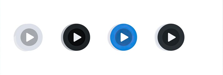 Four play buttons, gray, dark, blue, and dark, in a row on a white background