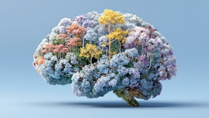 Brain-shaped forest with colorful trees against a soft blue background
