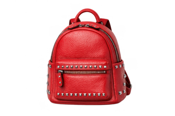 Red pebbled leather mini backpack with silver studs and zippers, fashionable women's accessory on transparent background