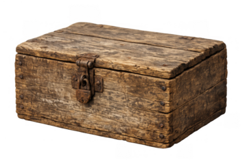 Antique wooden box featuring weathered texture and a rusty clasp, symbolizing mystery, adventure, and valuable contents. Transparent background