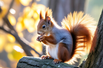 Obraz premium Adorable squirrel eating on tree branch in forest
