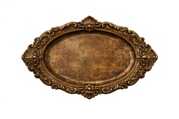 Vintage antique oval bronze ornate tray with baroque style frame and decorative elements on transparent background