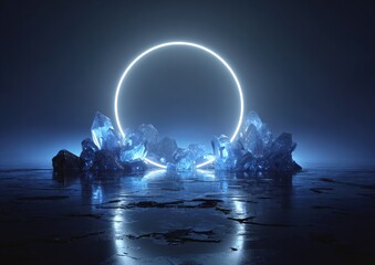 Crystal cluster platform with glowing circle backdrop, dark, moody scene
