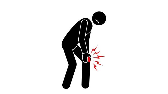A stick figure person experiencing sharp pain in their knee, indicated by red radiating lines.