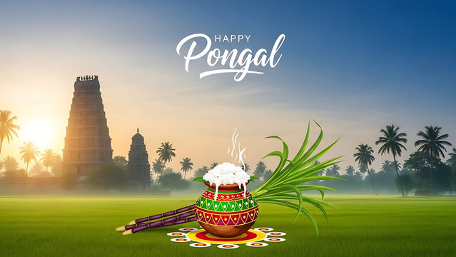 Pongal festival background with decorated pot and temple tower at sunrise