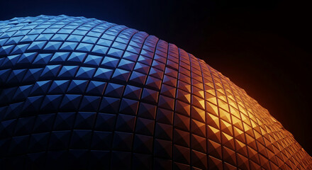 Curved surface formed by geometric diamond shape, half blue, half orange, representing balance, contrast, or gradient transitions