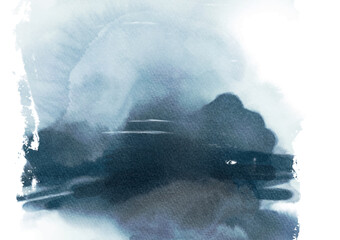 Hand-painted watercolor artwork with dark blue layers forming an abstract landscape mood, evoking depth, silence, and natural atmosphere. Vector