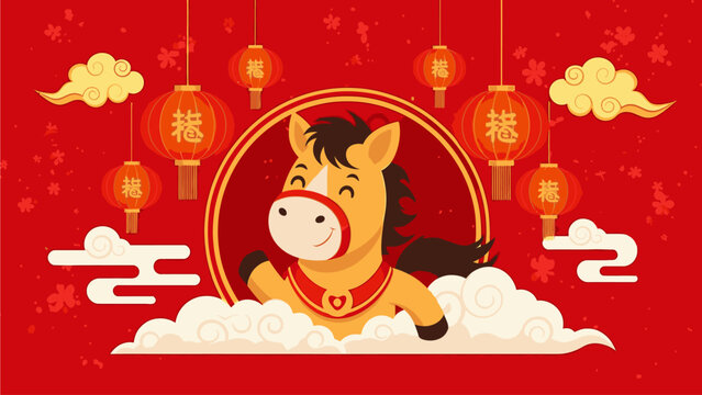 Illustration of a horse in a festive scene with red lanterns and clouds on a red background, symbolizing kuda chine's day.