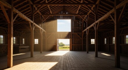 Sunlight streams through openings illuminating the interior of a spacious wooden agricultural building