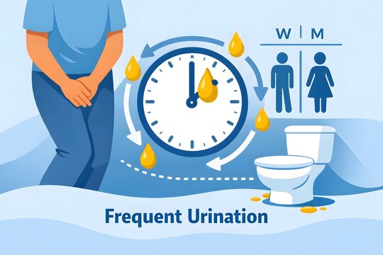 Flat vector illustration of frequent urination symptom restroom icon metaphor discreet medical style 