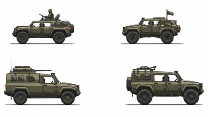 Four military vehicles in different configurations on white background. © Ena