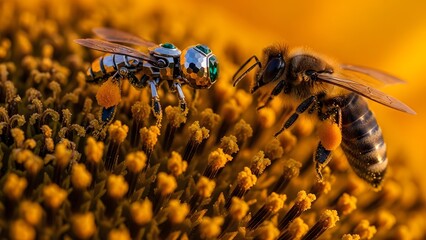 Close-up of Bee and Hoverfly on Yellow Flower in Natural Setting