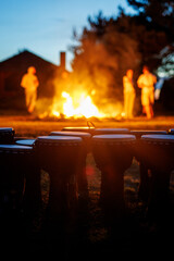 Djembe Drums in Foreground With Fire and People in Background