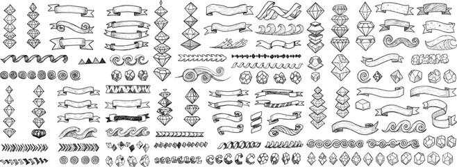 A collection of hand-drawn design elements including ribbons, diamonds, and decorative shapes.