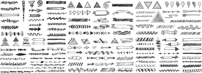 A collection of hand-drawn arrows and decorative lines in various styles and shapes.