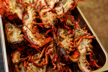 Tray of Freshly Grilled Lobsters With Charred Shells