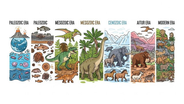 Evolution of life on earth timeline illustration showing prehistoric animals and geological eras from paleozoic to modern era with evolution timeline