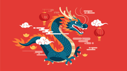 Obraz premium Vibrant illustration of a blue dragon with orange accents surrounded by lanterns and clouds on a red background celebrating kuda chine's day