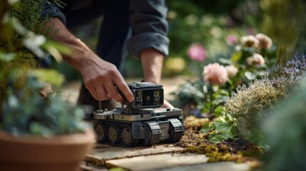 Medium perspective capturing handson servicing of a garden robots camera and sensor array to improve realtime environmental analysis and care tasks.