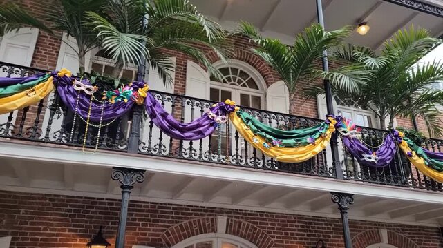 Balcony decorated for mardi gras with colorful drapes and masks