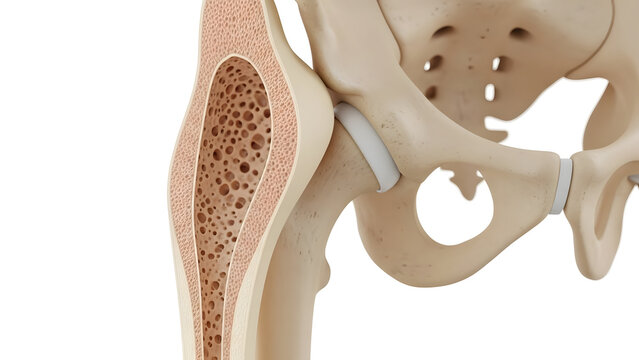 Detailed human hip bone anatomy with exposed spongy interior structure