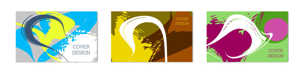 Paint strokes and geometric elements. Set of three vibrant, colorful backgrounds. 