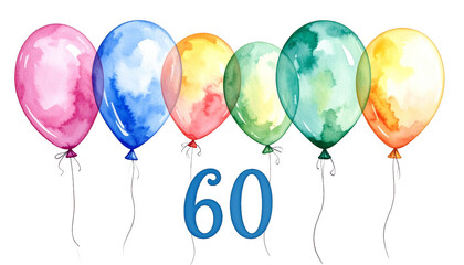 Watercolor balloons float with big number sixty signifying a milestone event. Colorful festive spheres adorn clean white space, perfect for celebration invites. Elegant age theme